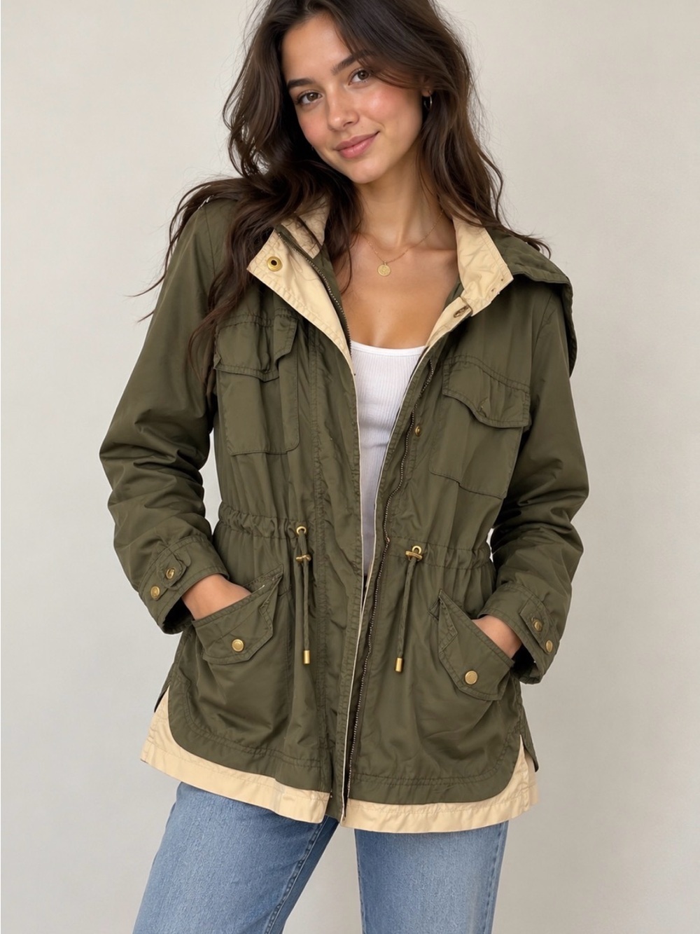 RACHEL Rachel Roy Olive Green Utility Anorak with Cream Trim